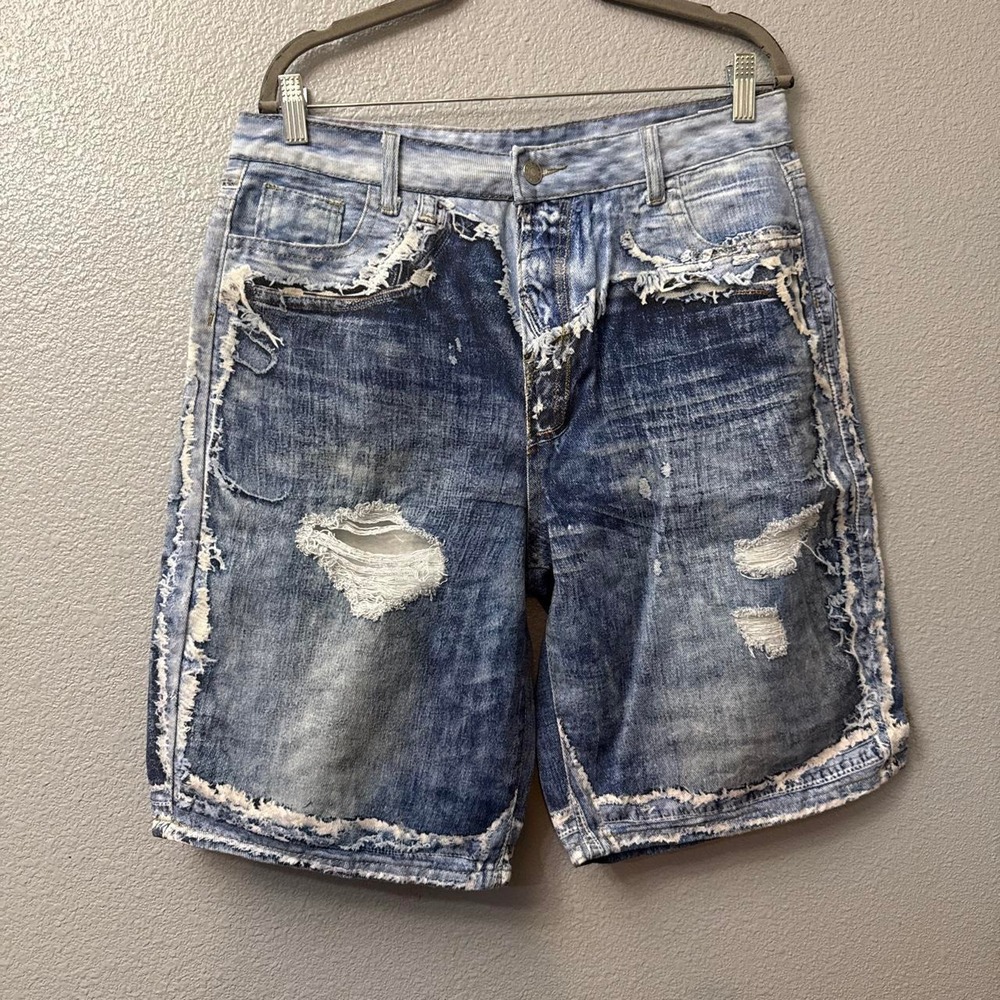 Women's Blue Denim Shorts with Distressed Details and Printed Denim Patchwork